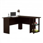 US L-shaped Computer Desk Wooden Right Angle with Two-layer Bookshelves Dark Brown