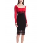 [US Direct] Leadingstar Women's Square Neck Long Sleeve Floral Lace Splicing Hem Fit Dress Red-Black Asia Size S