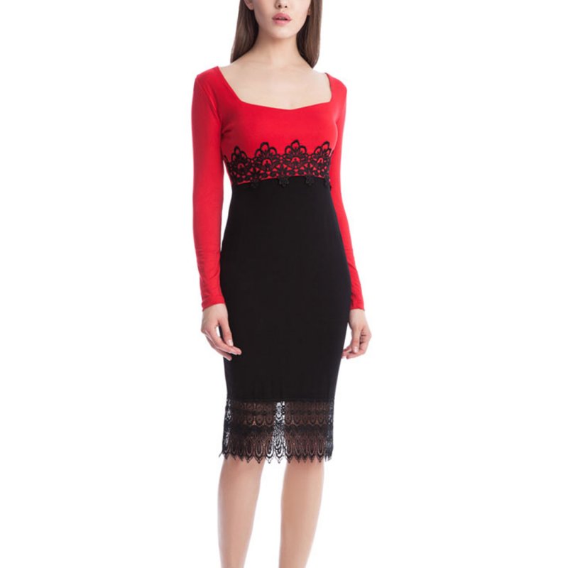 [US Direct] Leadingstar Women's Square Neck Long Sleeve Floral Lace Splicing Hem Fit Dress Red-Black Asia Size S