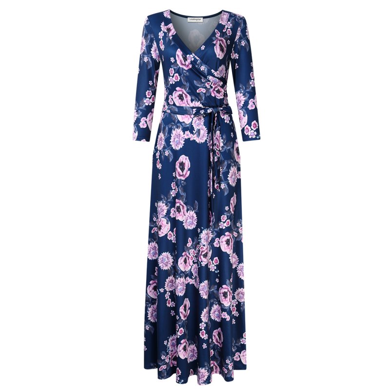 US Leadingstar Women's 3/4 Sleeve V-Neck Floral Print Boho Maxi Wrap Dress L
