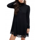 [US Direct] Leadingstar Women's Knitting Turtleneck Long Sleeve Loose Lace Cotton Casual Dress Black