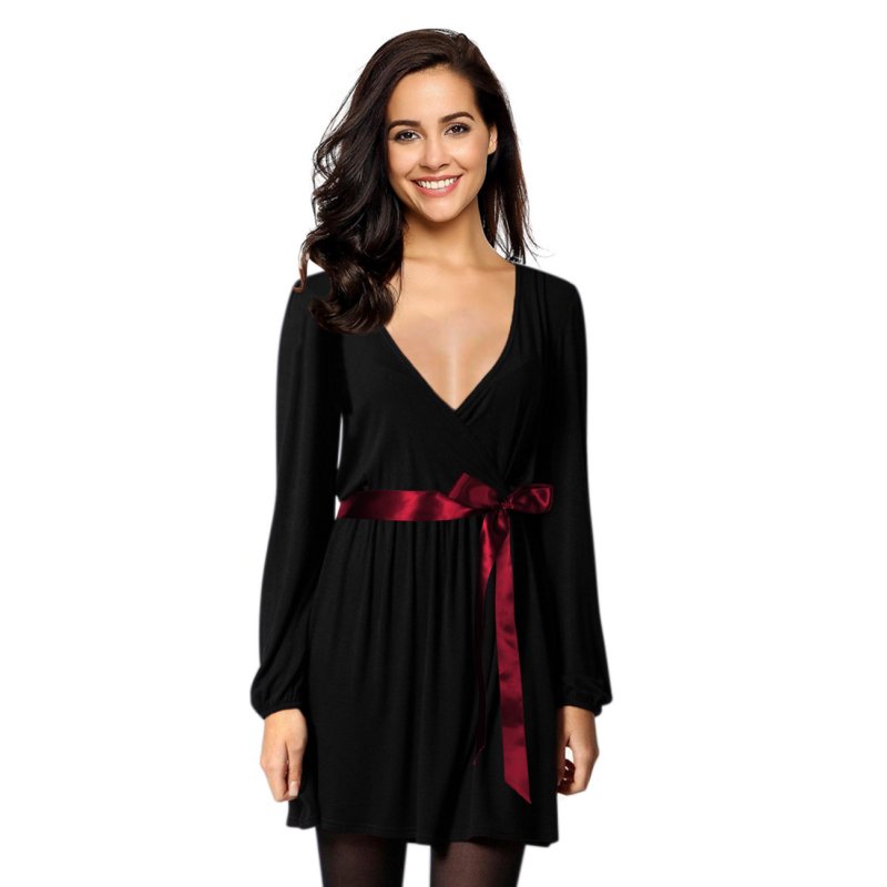 US LEADINGSTAR Women Solid Long Sleeve Elastic Waist Wrap V-Neck Fit Flare Dress