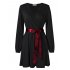  US Direct  Leadingstar Women Solid Long Sleeve Elastic Waist Wrap V Neck Fit Flare Dress