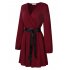  US Direct  Leadingstar Women Solid Long Sleeve Elastic Waist Wrap V Neck Fit Flare Dress