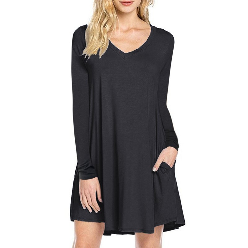 US Leadingstar Women's Long Sleeve V-neck Swing Pocket Casual T-shirt Dress Black_M
