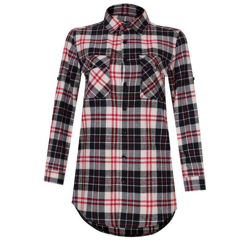 [US Direct] Leadingstar Women's Lapel Long Sleeve Casual Slim Pocket Plaid Color Block Shirt