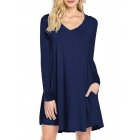 [US Direct] Leadingstar Women's Long Sleeve V-neck Swing Pocket Casual T-shirt Dress Royal blue_L