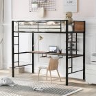 [US Direct] Loft Bed with 2 Ladder and Desk, Storage Shelf,space saving design, Twin, Black