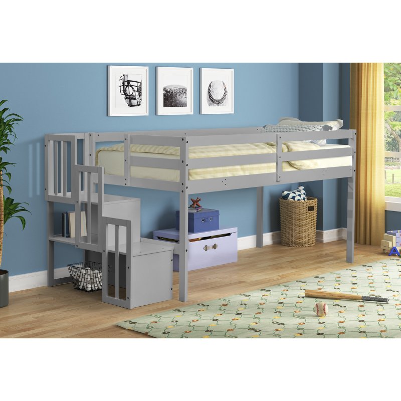 [US Direct] Loft Bed with Stair Case, White