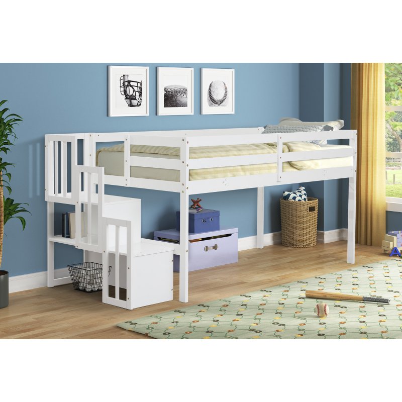 US Loft Bed with Stair Case, White