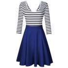 [US Direct] MISSKY Women's 3/4 Sleeve Slim Fit Black White Stripe Casual Cocktail Cute Mini Swing Dress Deep blue_L