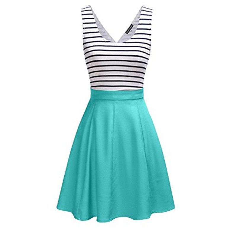 US MISSKY Women's Stripe Mini Sleeveless Dress Back Open A-line Casual Dress Green