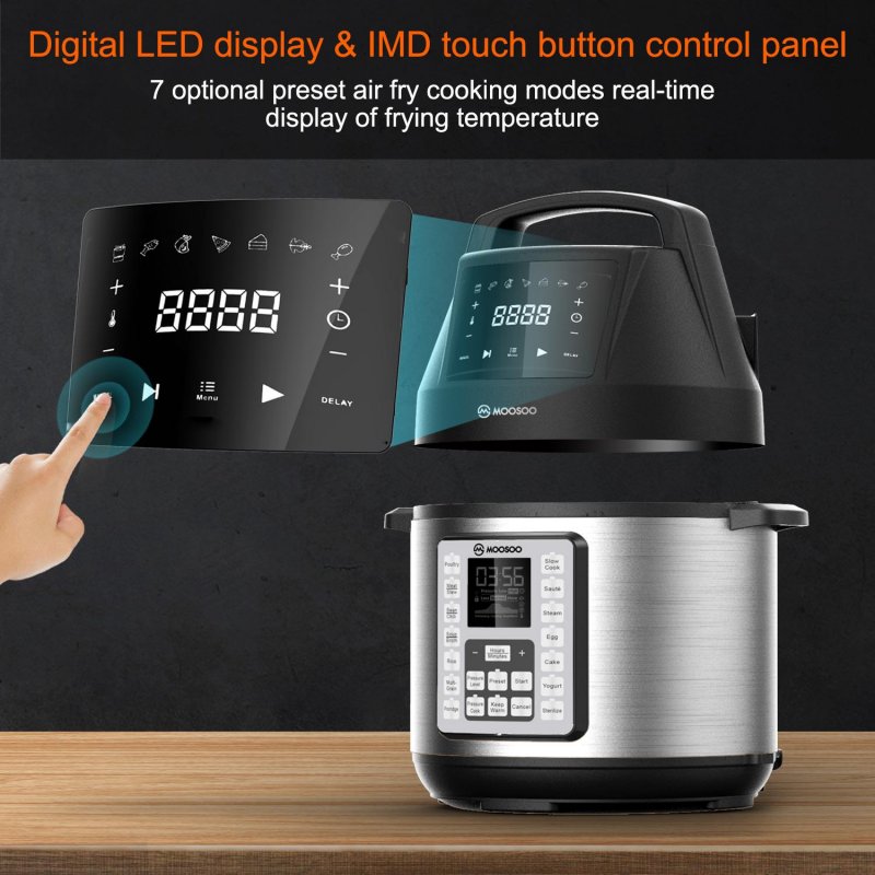 US MOOSOO 6 QT Air Fryer Lid for Instant Pot with 7 Optional Presets, Turn Your Electric Pressure Cooker Into Air Fryer in Seconds, 95% Less Oil Air Fryer Lid with Digital LED Display & IMD Touch Panel 31*31*29