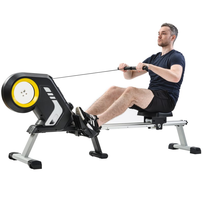 US Magnetic Resistance Rowing Machine With Foldable Design, 8-Level Adjustable Resistance, Transport Wheels, Black & Yellow (New)