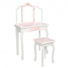 US Mdf Wooden Children Dressing Table Set With Three-sided Folding Mirror Single Drawer Chair Pink