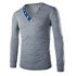  US Direct  Men Metal Button V Neck Long Sleeve Slim Muscle T Shirt Grey M