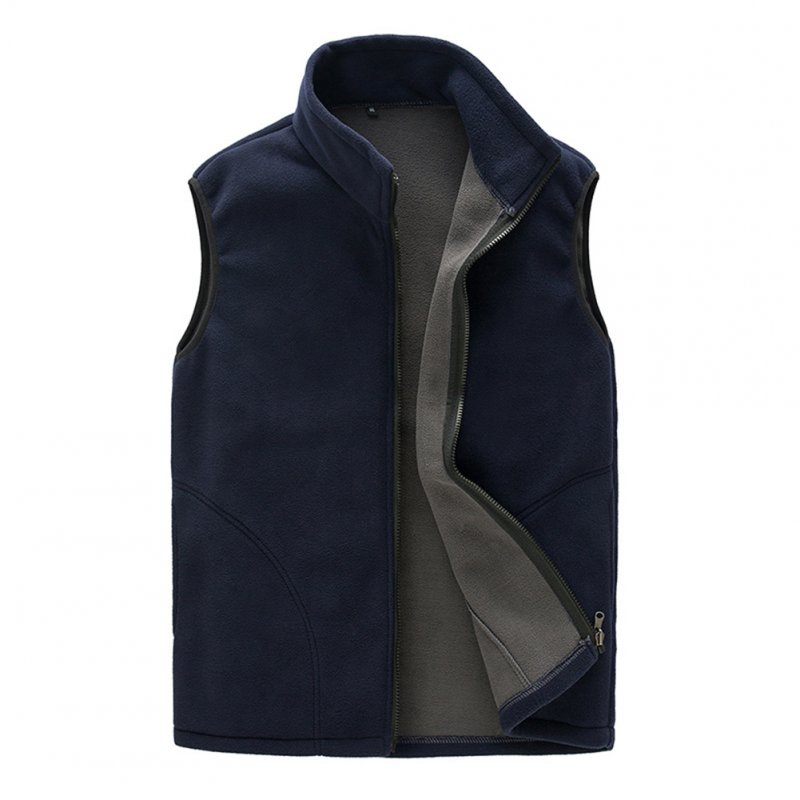 [US Direct] Men Warm Full Zip Casual Fleece Vest Outdoor Climbing Hiking Gilets Waist Coat navy blue_XL