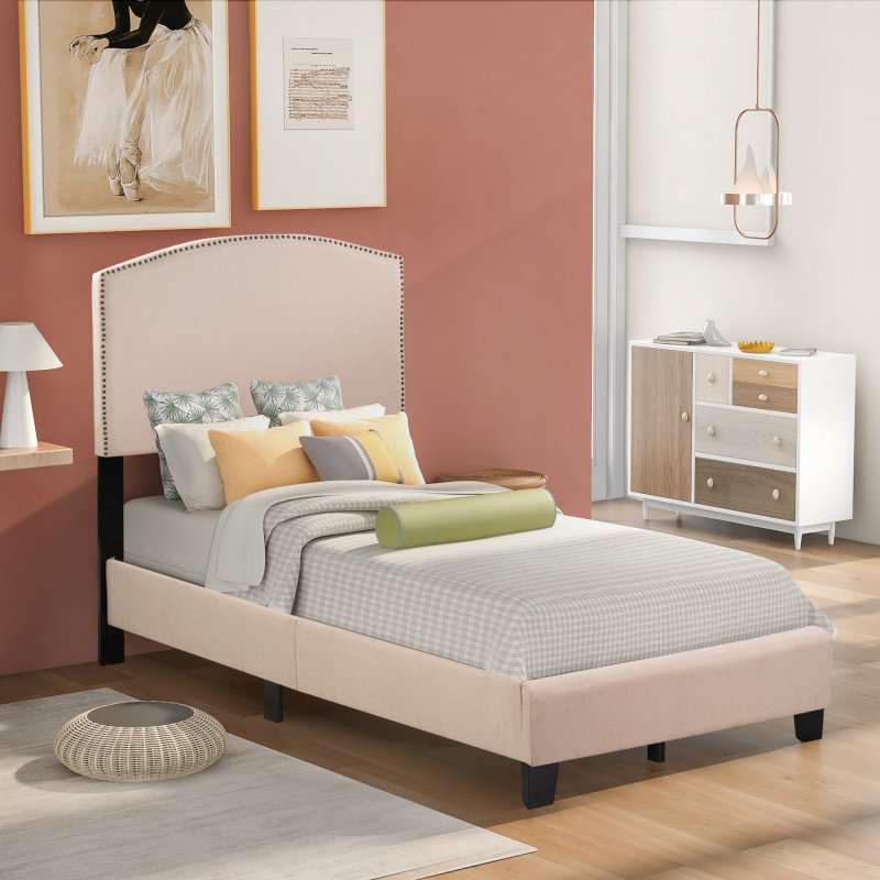 US Milan Upholstered Platform Bed with Wooden Slats and Nailhead Detail (Twin)
