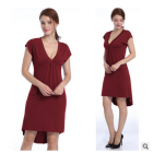 US Missky Women's V-neck Short Sleeve Casual Dress with Irregular Hem Claret_XL
