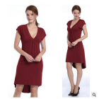 US Missky Women's V-neck Short Sleeve Casual Dress <span style='color:#F7840C'>with</span> Irregular Hem Claret_XL