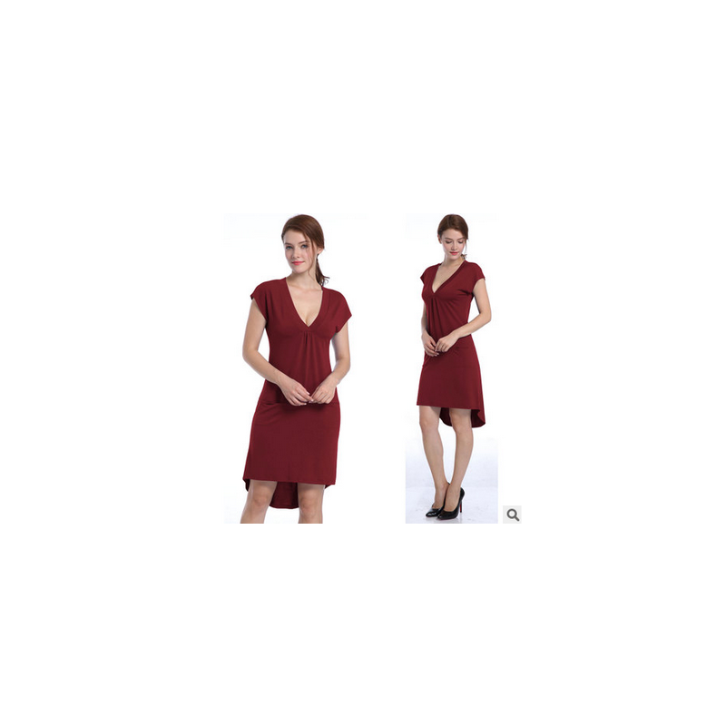 US Missky Women's V-neck Short Sleeve Casual Dress with Irregular Hem Claret_XL