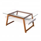 [US Direct] Modern Living Room Coffee Table and Side Table in Stylish Mix Glass Top with Natural Bamboo Frame and White Painted Storage Area