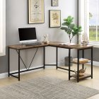 [US Direct] Office Desk —L-Shaped Computer Desk with 2-Tier Storage Shelves for Home Office(Brown)