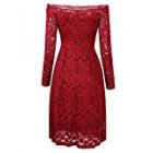 US One-word collar, long-sleeved, large-opening lace dress, wine red <span style='color:#F7840C'>M</span>+HiQueen tag