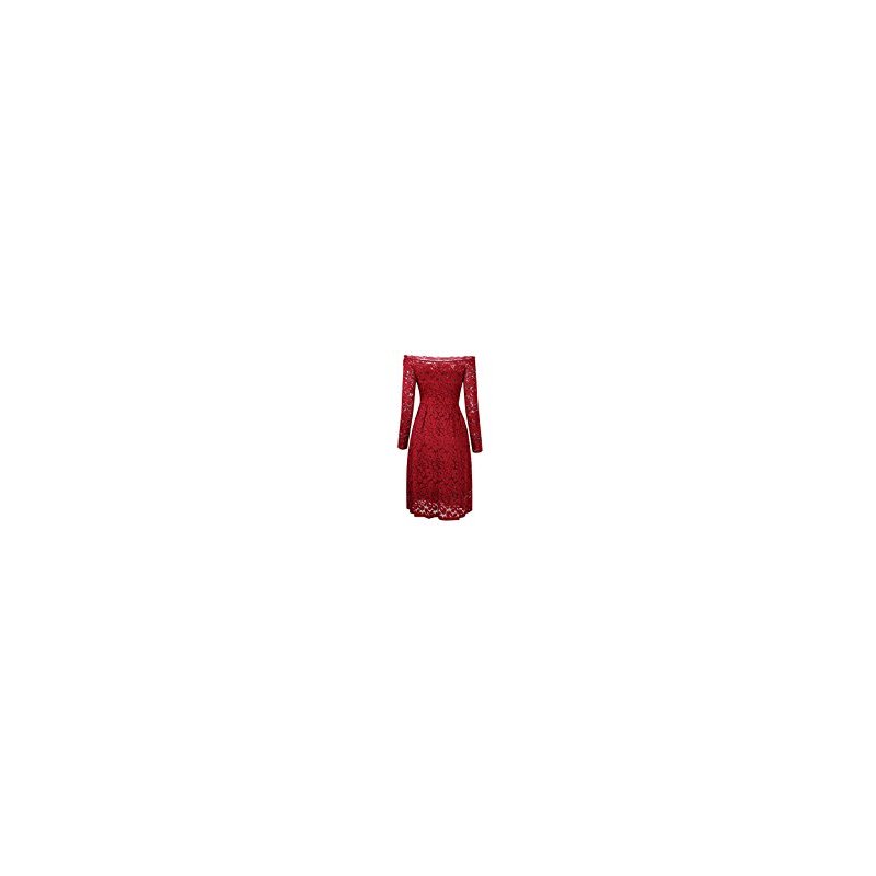 US One-word collar, long-sleeved, large-opening lace dress, wine red M+HiQueen tag