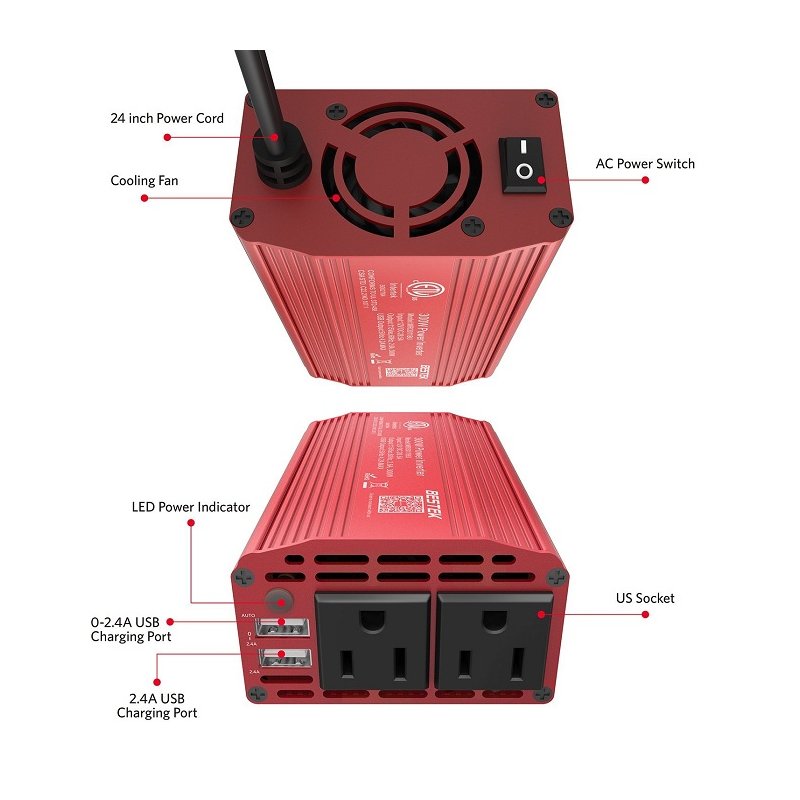 US Original BESTEK 300W Power Inverter DC 12V to 110V AC Car Inverter with 4.2A Dual USB Car Adapter, 700 Watts of Instantaneous Power (Red & Black) Red&Black