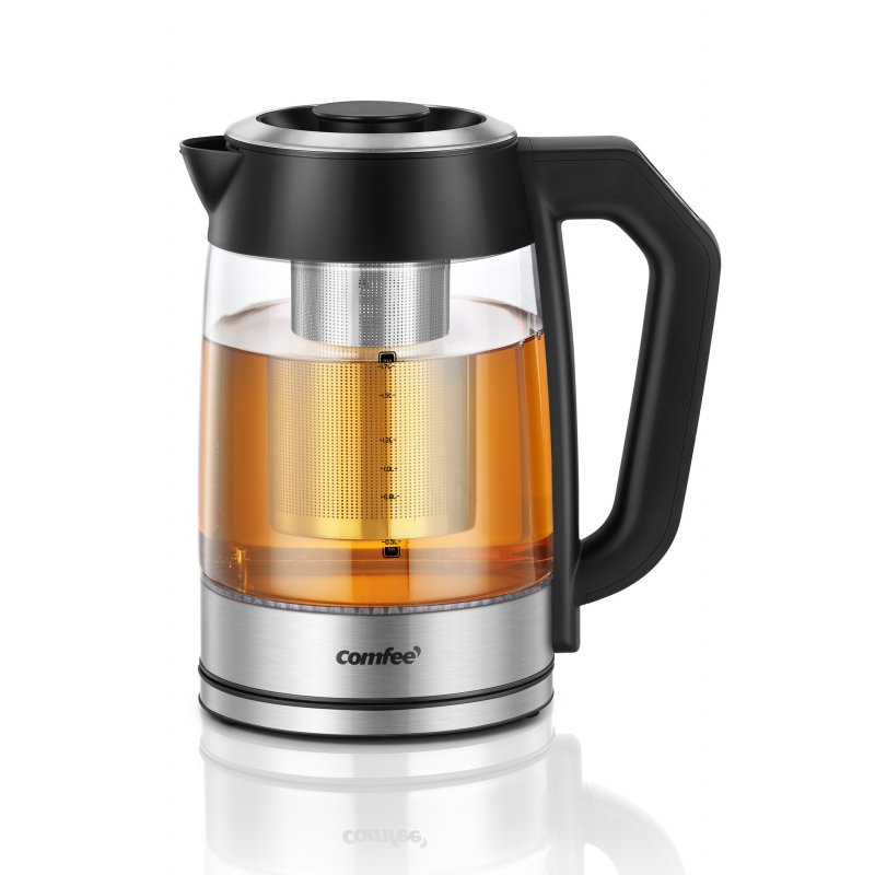 US Original COMFEE' 1.7L Fast Glass Boiler Hot Water Kettle with LED Indicator Light, Rapid Boil Cordless Teapot with Tea Infuser Silver/Black_1.7 L
