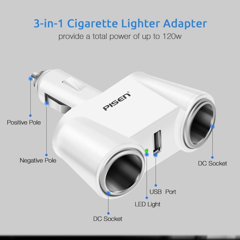 US Original PISEN Cigarette Lighter Charger, Dual Cigarette Lighter Sockets, 1 USB Port, 12V/24V Power Adapter (White) white