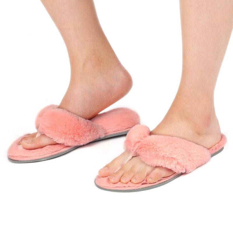 US Original RockDove Women's Fuzzy Fur Thong Slippers with Memory Foam Pink_11-12