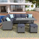 [US Direct] Patio Furniture Set, 5 Piece Outdoor Conversation Set All Weather Wicker Sectional Sofa Couch Dining Table Chair With Ottoman And Throw Pillows