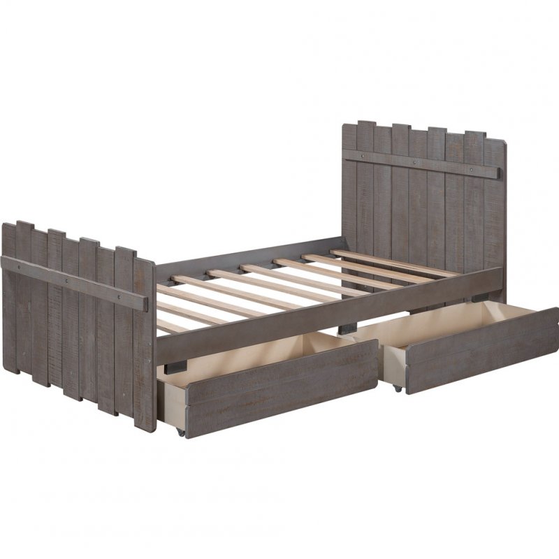 US Pine  Wood  Double  Platform  Bed Drawers Retro Fence-shaped Headboard Footboard Rustic Style Bed gray