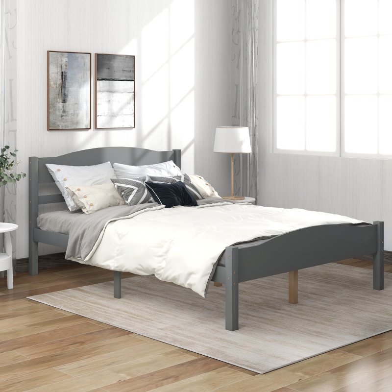 US Platform Bed with Horizontal Strip Hollow Shape Headboard and Footboard and Center Support Feet, Twin size，Gray
