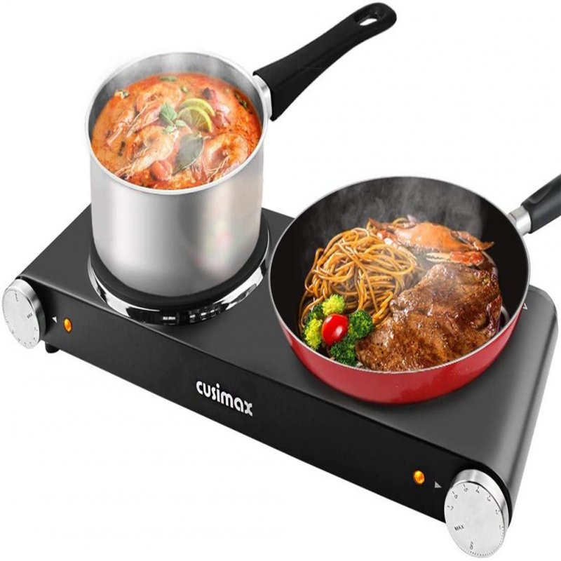 US Portable Electric  Double  Stove Compatible Ceramic Glass Cusimax 900w+900w Cooking Hot Plate black