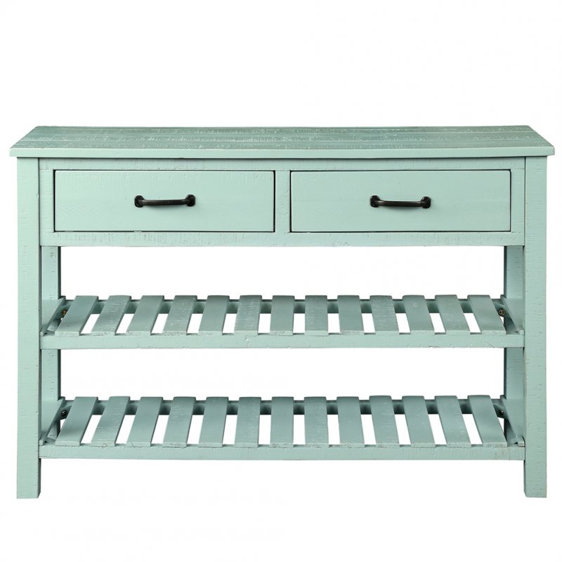 [US Direct] Retro Console  Table With Storage Drawers Shelf Living Room Entrance Furniture Antique blue