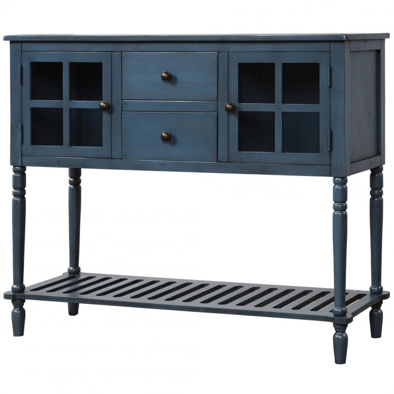 US Sideboard Console  Table With Bottom Shelf Farmhouse Wood/glass Buffet Storage Cabinet Antique navy blue