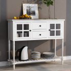 [US Direct] Sideboard Console Table With Bottom Shelf, Farmhouse Wood/Glass Buffet Storage Cabinet Living Room (White)