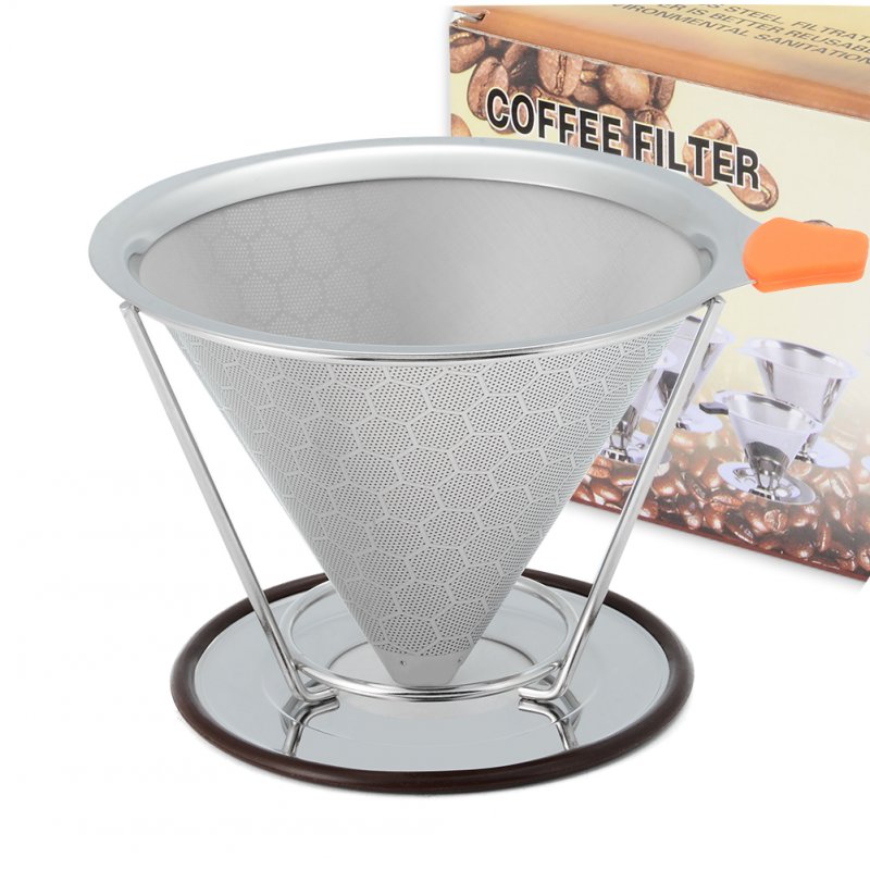 [US Direct] Stainless Steel Coffee Filter Cone Pour Over Coffee Dripper with Separate Cup Stand Spoon Cleaning Brush