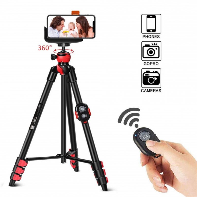 [US Direct] T60 Portable Lightweight Tripod With Phone Clip Bluetooth-compatible Remote Control Non-skid 3 Section Adjustable Dependable Stability Tripod As shown