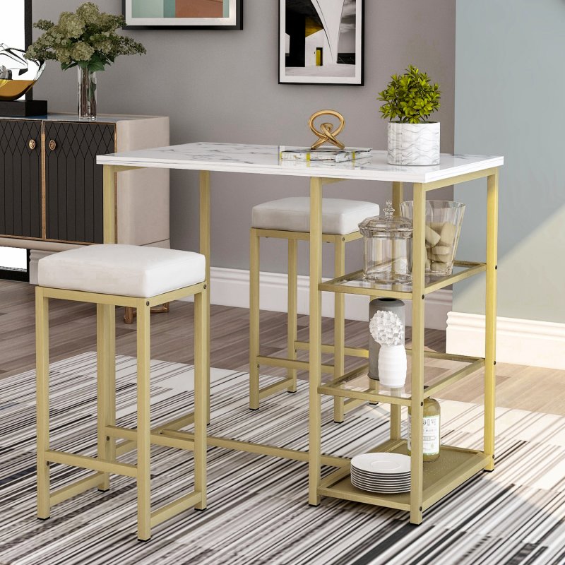 US TREXM 3-piece Modern Pub Set with Faux Marble Countertop and Bar Stools, White/Gold
