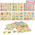 US ThinkMax 6pcs Kids Wooden Peg Puzzles Board Toy Set, Educational and Learning Puzzles Toy - Alphabet, Number, Fruits, Village and Animals