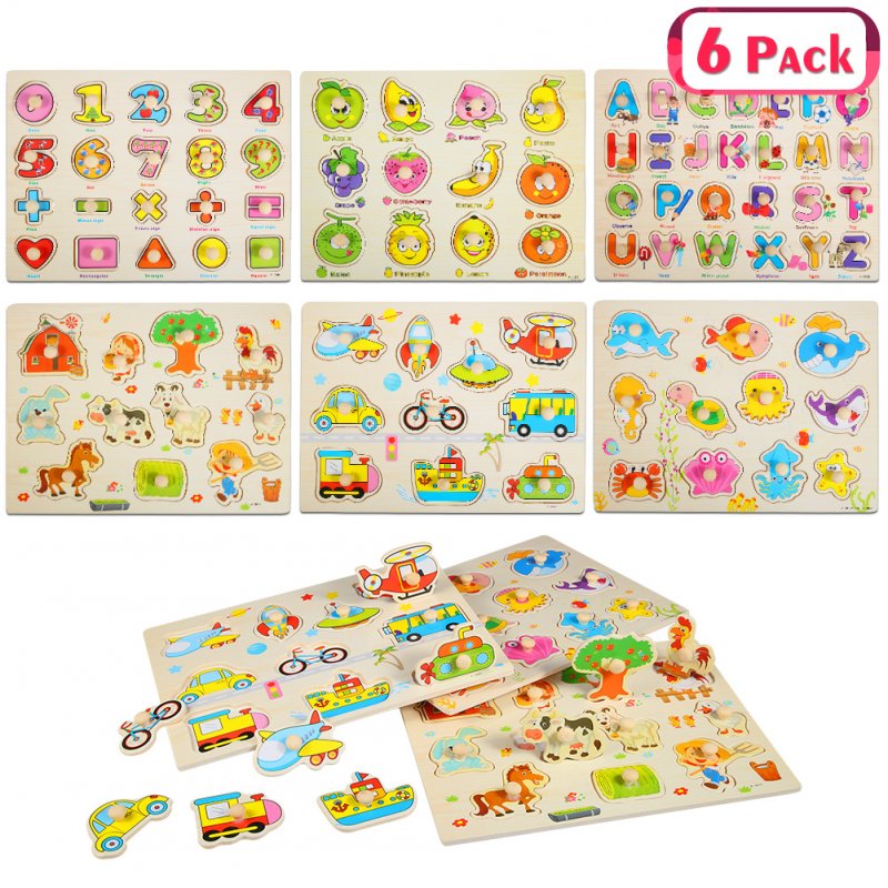 US ThinkMax 6pcs Kids Wooden Peg Puzzles Board Toy Set, Educational and Learning Puzzles Toy - Alphabet, Number, Fruits, Village and Animals