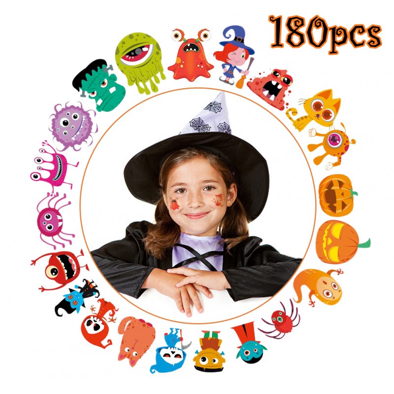 [US Direct] Thinkmax 180PCS Assorted Halloween Temporary Tattoo for Kids, 30 Cute Designs Stick on Children Tattoos, Cartoon Halloween Tattoos Stickers