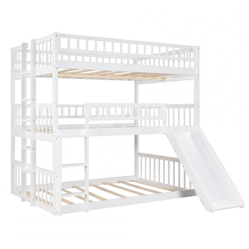 US Triple  Bunk  Bed With Built-in Ladder+slide For Kids Beds With Guardrail white
