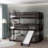  US Direct  Triple  Bunk  Bed With Built in Ladder slide For Kids Beds With Guardrail coffee