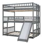 [US Direct] Triple  Bunk  Bed With Built-in Ladder+slide For Kids Beds With Guardrail gray