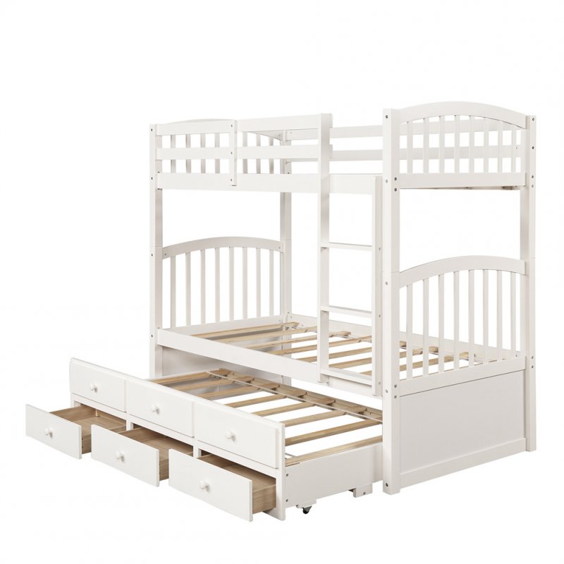 US Twin Bunk  Bed With Ladder+ Safety Rail Twin Trundle Bed With 3 Drawers Bedroom Guest Room Furniture (white)
